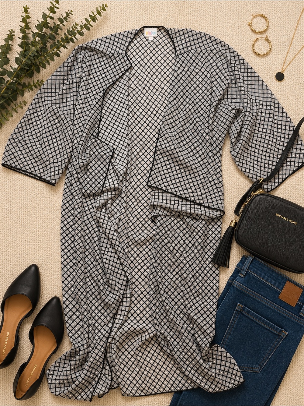 LuLaRoe Shirley Large Black White Geometric Print Open Front Kimono Cardigan
